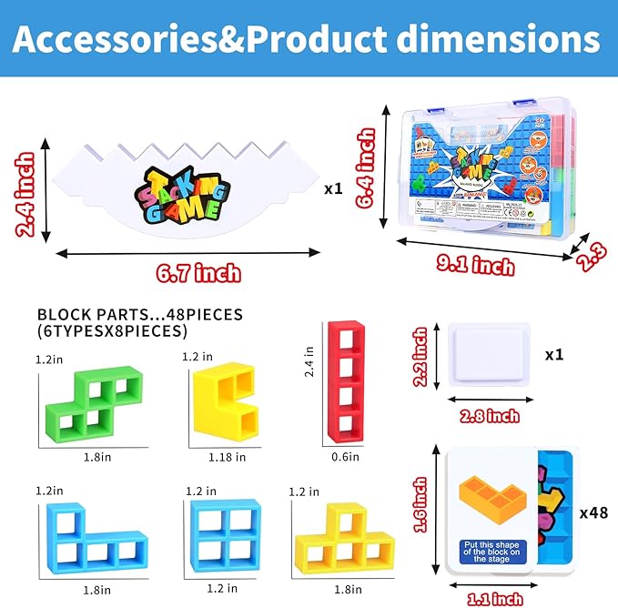 48PCS Stack Attack Game for Adult & Kids, Tetra Board Tower Games for Family Travel Party, 2 Players Balance Stacking Toy, Team Toys Building Block