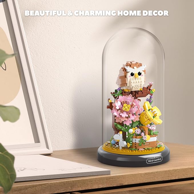 Owl Flower Bouquet Building Set for Adults, Animals Flowers Plants Decor with Dust Cover, Birthday Gift Building Toy for Boys Girls, 1123 PCS Mini Building Blocks, Not Compatible with Lego Set