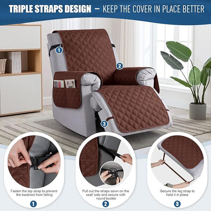 TAOCOCO 100% Waterproof Recliner Covers, Recliner Sofa Covers with Leg Straps, Reversible Recliner Couch Cover for Reclining Chair, Washable Couch Protector for Pets Kids(1 Seater 22", Coffee)