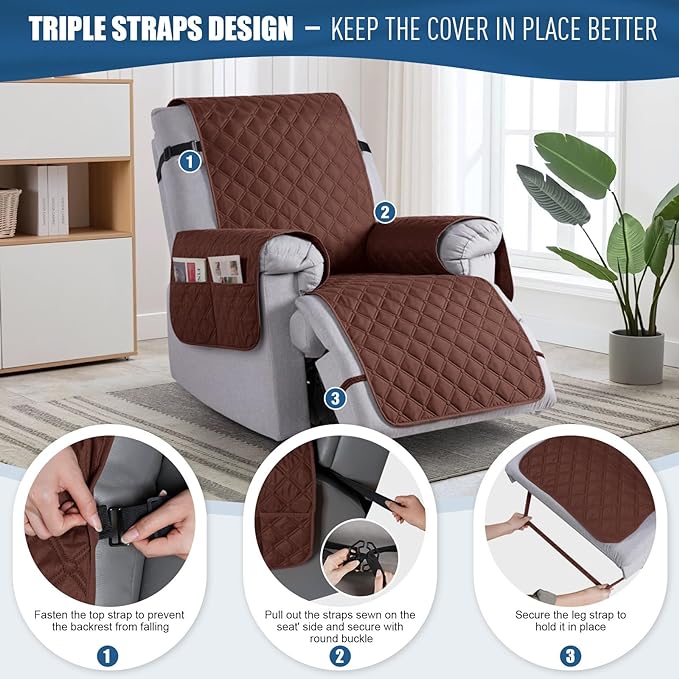 TAOCOCO 100% Waterproof Recliner Covers, Recliner Sofa Covers with Leg Straps, Reversible Recliner Couch Cover for Reclining Chair, Washable Couch Protector for Pets Kids(1 Seater 28", Coffee)