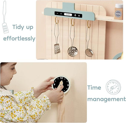 Play Kitchen for Kids, Wooden Toy Play Kitchen Chef Pretend Play Set for Toddlers with Stove, Oven, Utensils and Sink, Toys Kitchen with Cookware Accessories for 3+ Year Old Girls & Boys