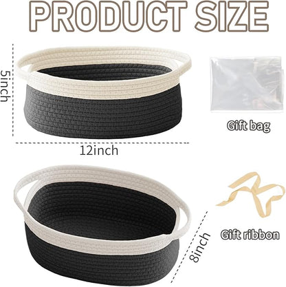 JMvicyroam Woven Basket, Small Rope Storage Bin with Handles & Ribbon Bag, Organizer for Shelves Closets,Gift Basket Empty for Birthday,Books,Dog Toys,White&Black/2 Pack