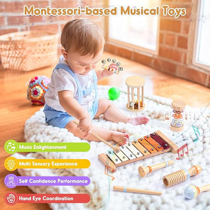 Musical Toys for Toddlers, Montessori Toys for Ages 0+, Wooden Musical Instruments Baby Toys for 1st Birthday, Music Preschool Educational Toys Xylophone for Kids Boy and Girl