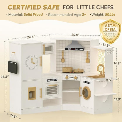 BIERUM Coner Wooden Play Kitchen with Real Lights & Sounds, Trendy Home Style Kitchen Playset, Toy Kitchen with 28 Pcs Toy Food & Cookware Accessories, Gift for Boys & Girls Ages 3+