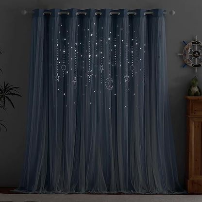 NICETOWN Nursery Curtains for Girls Bedroom Hollow-Out Star Window Curtain 84 inches Length Room Darkening Grommet 2 Layers for Nursery, (Stone Blue, W52 X L63, 2 Panels)