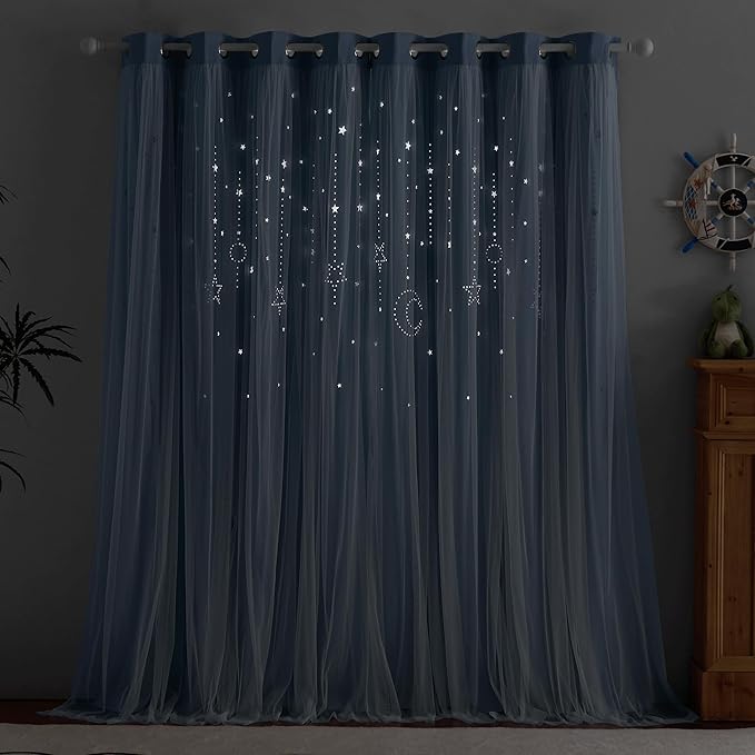NICETOWN Nursery Curtains for Girls Bedroom Hollow-Out Star Window Curtain 84 inches Length Room Darkening Grommet 2 Layers for Nursery, (Stone Blue, W52 X L63, 2 Panels)