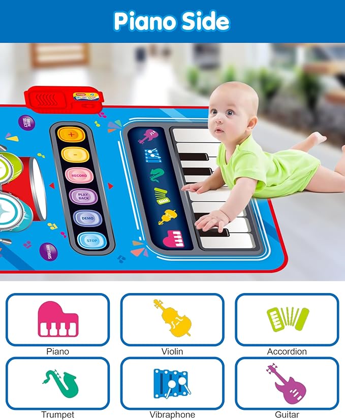 Toys for 1 Year Old Boy Gifts, Baby Musical Mat with Piano & Drum, Adjustable Volume, 12-18 Months Toddler Toys, Christmas Birthday Easter Gifts for 1-2 Year Olds Boys Girls (Blue)