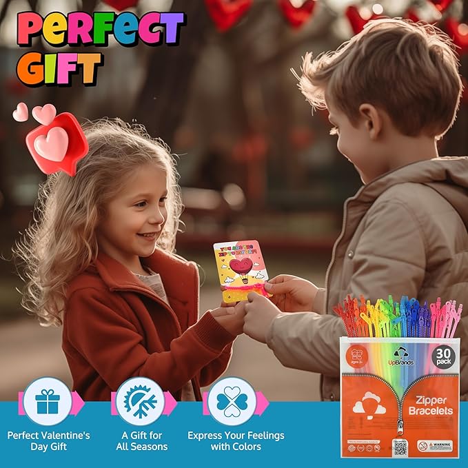 UpBrands Case Pack of 60 Boxes x 30 Valentine's Day Cards with Unicolor Fidget Zipper Bracelets Per Box – Bulk Gifts for Schools, Charities, and Businesses