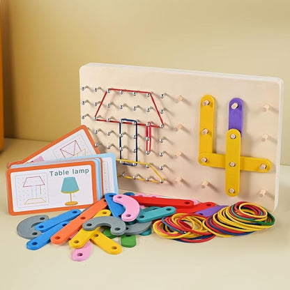 Wooden Geoboards, Wooden Letter Number Construction Puzzle Board, Montessori Toys for Kids with 20 Pattern Cards, 50 Rubber Bands to Figures and Shapes, Brain Teaser STEM Toy（9.5*6 *0.6in）