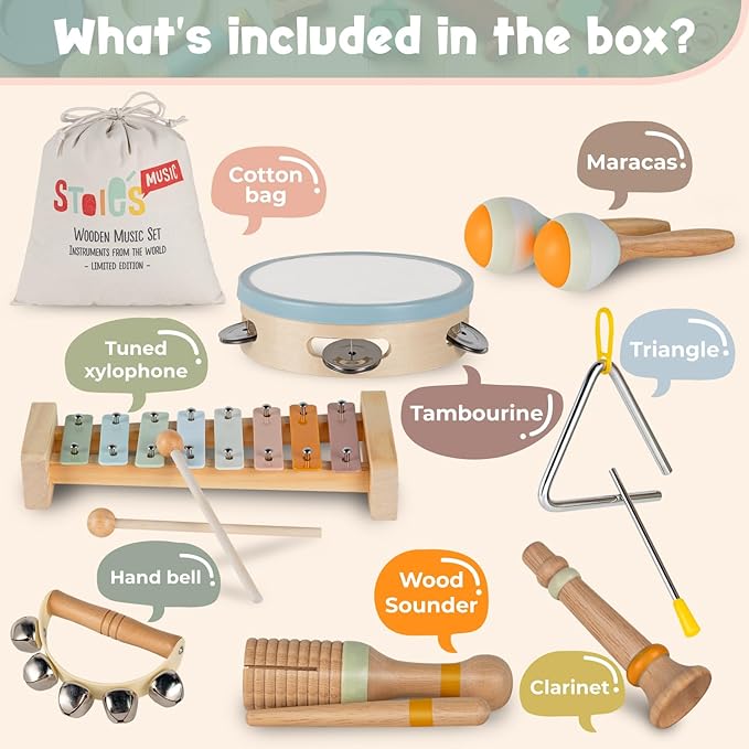 Stoie's Wooden Musical Instruments for Toddlers, Montessori Music Toys for Kids, with Xylophone, Tambourine and Maracas, Educational Development and Creativity, Baby Musical Instruments