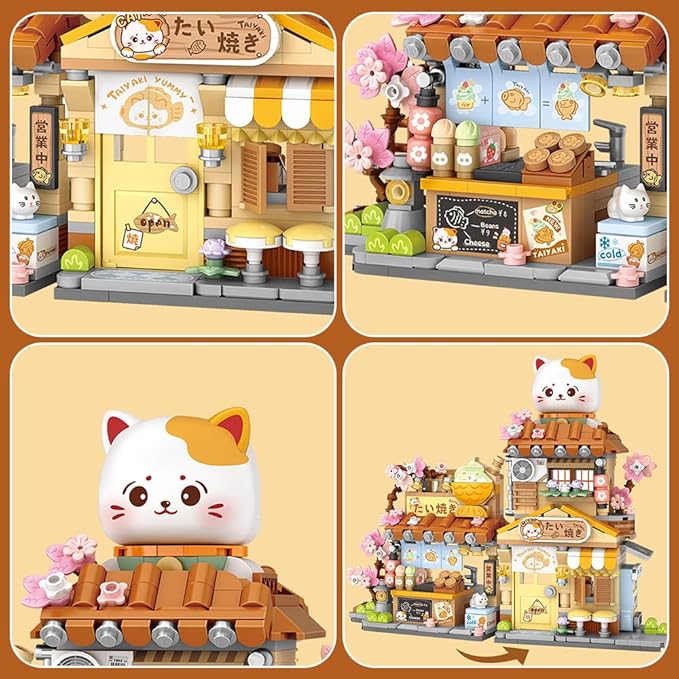 Lucky Cat Building Set,Openable Taiyaki Shop 923PCS Mini Brick Building Toy for Boys Girls Age 8+ (Not Compatible with Lego)