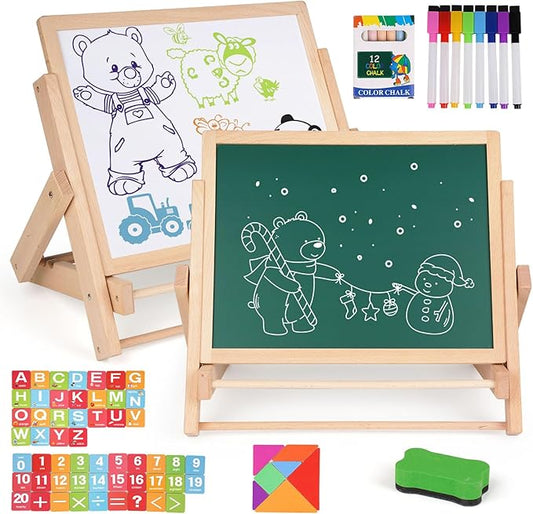 Kids Art Easel with Double-Sided Blackboard and Whiteboard, Wooden Tabletop Easel with Magnetic Letters & Numbers, Foldable Art Board - Educational Drawing & Learning Board for Toddlers & Children