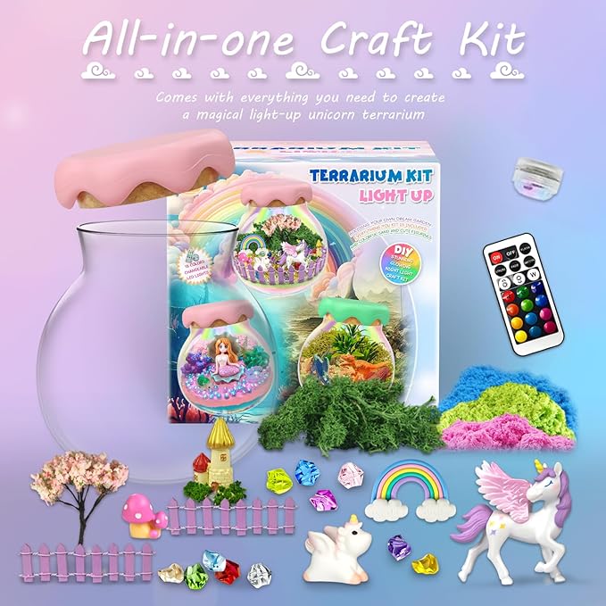 Unicorn Gift for Girls Unicorn Terrarium Kit for Kids Birthday Gift for Girls Ages 4 5 6 7 8-12 Year Old Light-Up Kit Crafts DIY Arts Toys Unicorn Toys for Girls Birthday Ideas Present for Kids