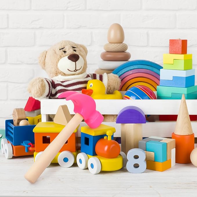 Fowecelt Wooden Hammer Toys Simulation Hammers Maintenance Tools Educational Toys for Kids Birthday Party Games Supplies (Pink)