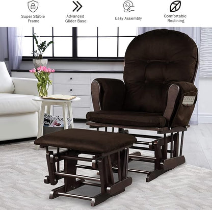 Costzon Glider and Ottoman Set, Wood Glider Rocker for Nursery, Upholstered Comfort Nursing Rocking Chair with Storage Pocket, Padded Armrests & Detachable Cushion, Easy to Assemble (Brown)