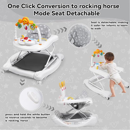 Baby Walker, 5 in 1 Baby Walkers for Boys Girls 6-12 Months, Foldable Walkers for Babies with Bouncer & Feeding Tray, Music, Adjustable Heights, Activity Walker for Infant