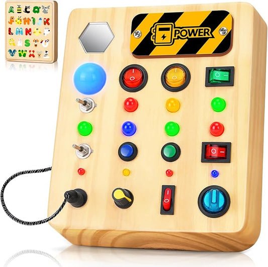 LED Busy Board, Wooden Sensory Toys for Toddler, Montessori Music Toy for Airplane, Travel Activity Educational Learning Toy, Busy Light Switch Autism Toys, Birthday Boys Girls Gifts