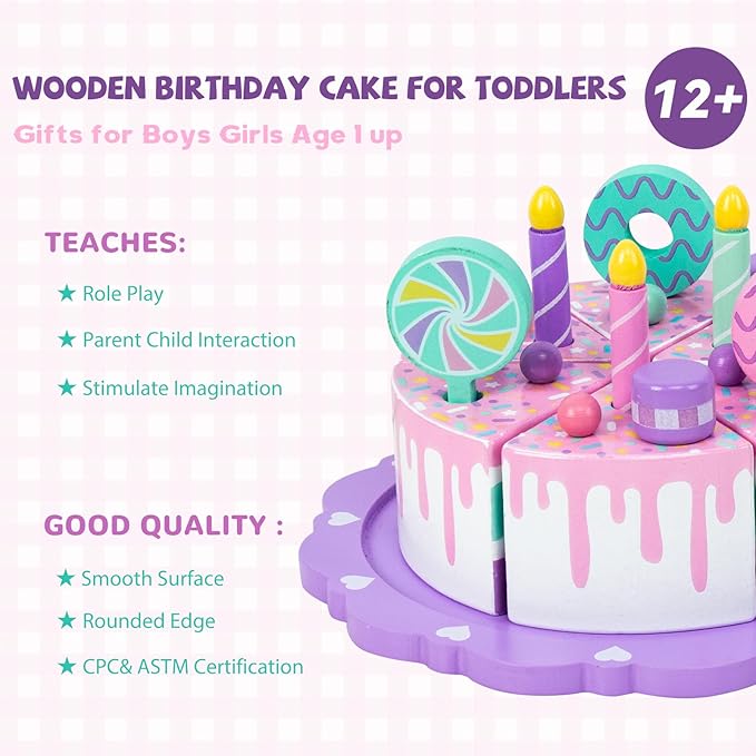 Toddler Cake Toys for Toddlers 1-3,Wooden Pretend Play Food Fake Birthday Cake,Tea Party Learning Kitchen Gift Toy for Boys Girls (Cookies Cake)