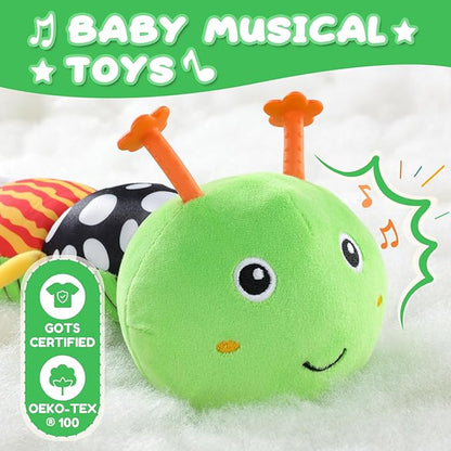 AWOTOY Baby Toys 0-6-12 Months,Musical Caterpillar Stuffed Animals Activity Infant Toys with Crinkle,Rattles,Mirror&Pull String,Muti-Sensory Toys Gifts for Newborn Tummy Time,Green,Knot prolegs