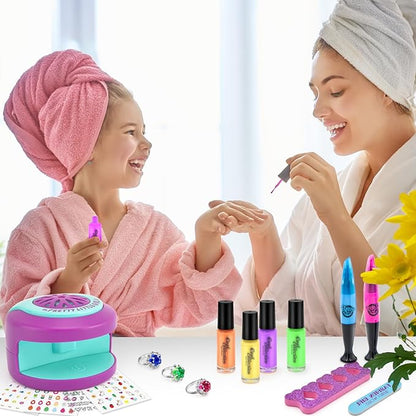 Kids Nail Polish Set for Girls Nail Art Kits with Nail Dryer, Quick Dry & Peel Off & Non-Toxic Nail Polish,2 in 1 Nail Art Pen - Charm Bracelet Making Kit & Ring Birthday Gifts for Girls Ages 7-12