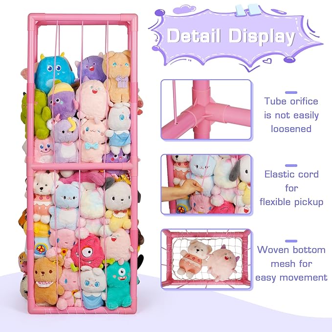 Trycooling Stuffed Animal Storage Zoo Stuffed Animal Holder Space Save Vertical Stuffed Animals Storage PVC with Elastic Band and Net for Playroom Bedroom Nursery (Pink 1)