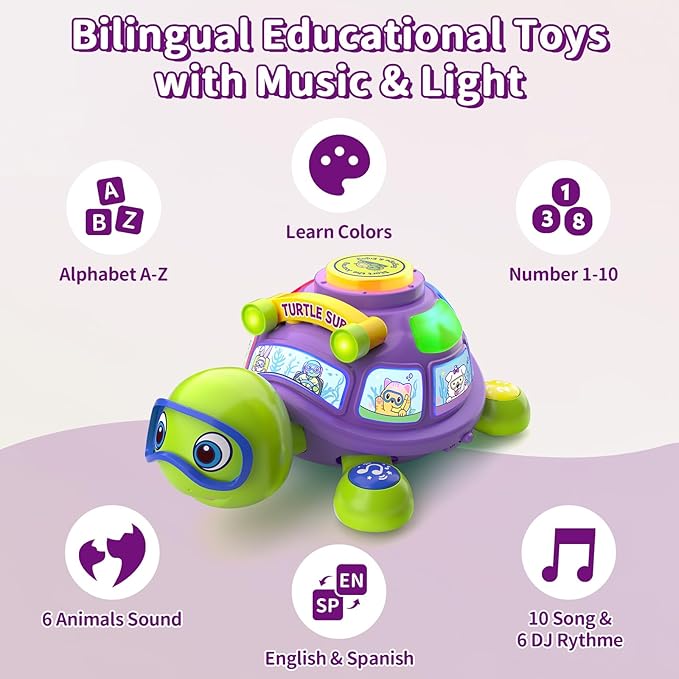 ToddlerCley Musical Turtle Baby Toys 6-12 Months, Bilingual Educational Crawling Toys for 6 7 8 9 10 Months, Infant Tummy Time Toy with Sound, Lights, Gifts Presents for 5 6 9 12 Months Baby