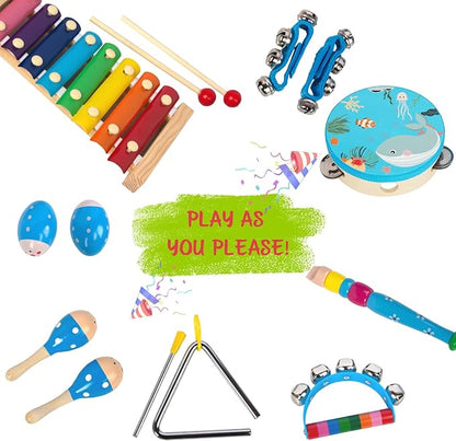 Wooden Musical Instruments Set for Toddlers 1-3, Natural Wood Percussion Instruments Xylophone Gift Set for Girls Boys Kids ,Preschool Educational Musical Toys with Storage Bag