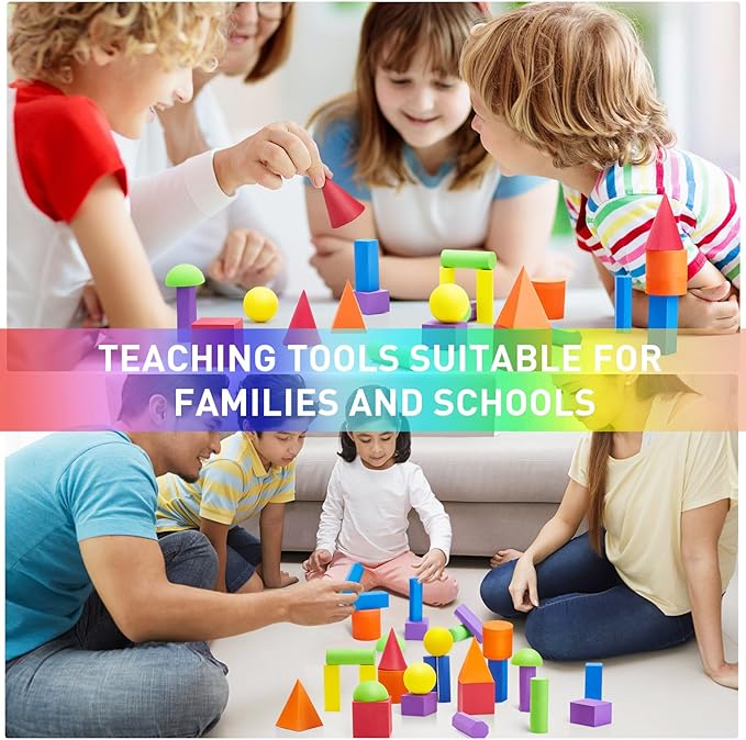 Wettarn 24 Pieces Large Size Foam Geometric Solid Blocks 3D Shapes Assorted Colors Foam Blocks for Teaching School, Family, Toddlers, Preschool Supplies, 12 Shapes