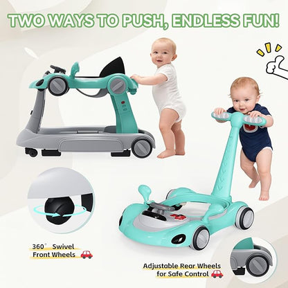 Baby Walker with Wheels, 7-in-1 Foldable Baby Walkers for Boys Girls 6-12 Months with Feeding Tray & Music, Lights,Rocker,Sun Canopy, Bouncing Pedal, Adjustable Wheel Speed, Push Walker(Green)