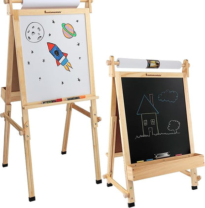 Fundamentals Kids Art Easel 3 in 1 Multipurpose Wooden Art Easel, Chalk Board & Dry Erase White Board & Paper Roll with Paper Clamp Adjustable Height 36.5"- 51" - Natural Finish