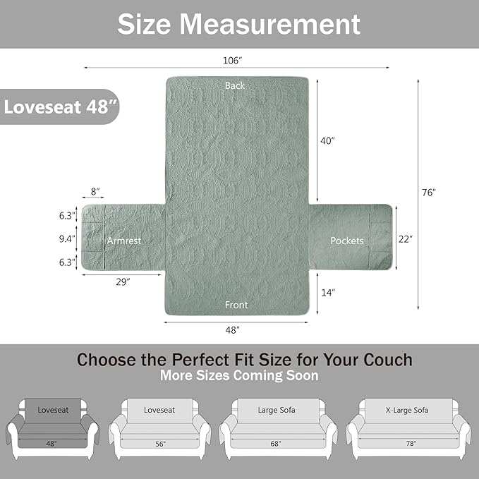 Sage Green Loveseat Covers for 2 Cushion Couch, Water Repellent Slip Covers for Loveseat, Washable Love Seat Quilted Couch Covers, Pet Friendly Loveseat Slipcovers (Loveseat 48", Sage Green)