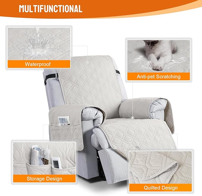 VANSOFY 100% Waterproof Recliner Chair Covers, Recliner Cover Non-Slip Dog Chair Cover Furniture Protector Washable Slipcover with Pocket, Elastic Straps for Pets, Dogs(Off White, 30")