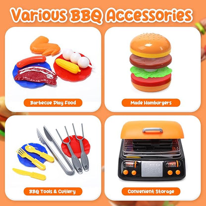 CUTE STONE Cooking Toy BBQ Set, 2 Layers Kids Grill Playset with Play Food, Pretend Smoke Sound and Light, Kitchen Accessories Utensils Toy, Outdoor Camping Barbecue Toys Gift for Toddlers Girls Boys