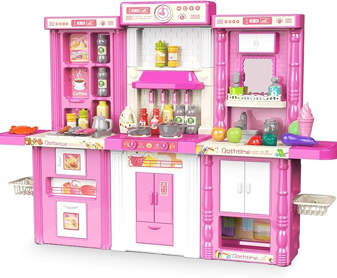 Kids Kitchen playset, Play Kitchen for Kids Ages 4-8, Accessories Set with Realistic Lights and Sounds, Simulation of Spray and Play Sink, Kitchen Set for Kids Ages 3-5 for Girls and Boys