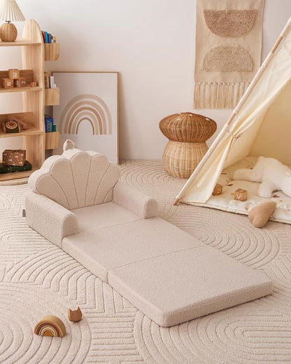 Blissful Diary Kids Couch, 2-in-1 Soft Toddler Couch Fold Out, Toddler Chair Comfy, Convertible Sofa to Lounger with Cute Shell Designs, Beige