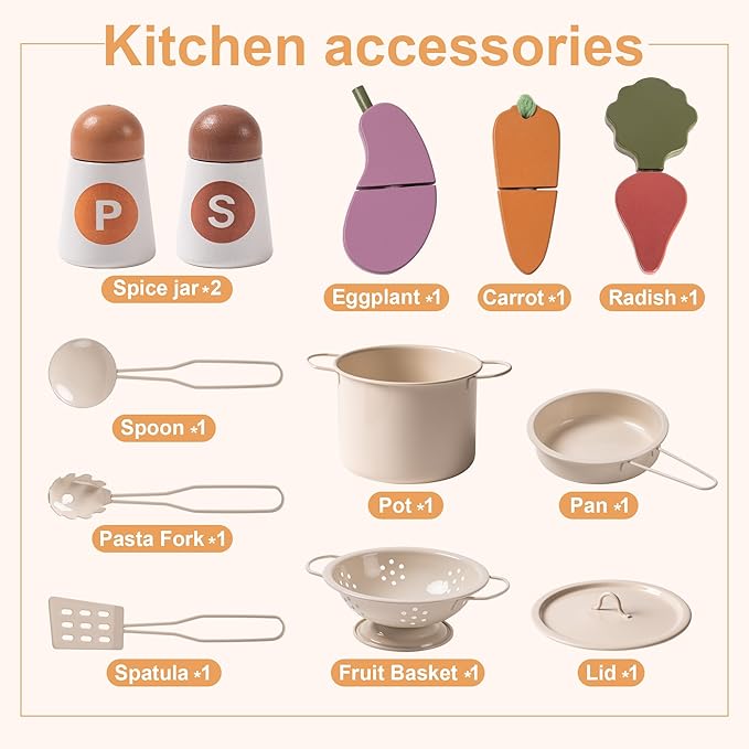 ROBUD Wooden Play Kitchen Set for Kids, Pretend Play Kitchen Toy Set with Golden Faucet, Sink, Oven, Stove, Cabinet, Vintage Style, Gift for Boys & Girls, Ages 3+