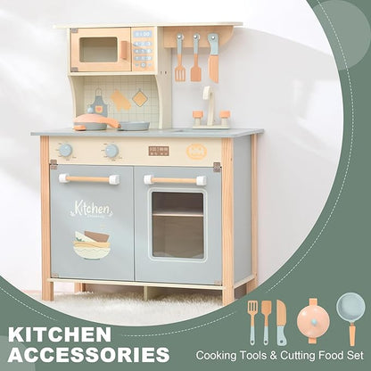 Play Kitchen for Toddlers, Kids Kitchen Playset Toy Kitchen Set, Toddler Kitchen Playset Wooden with with Faucet, Oven, Cookware Accessories