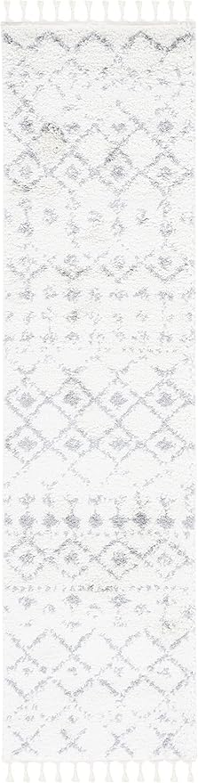 SAFAVIEH Berber Fringe Shag Collection Runner Rug - 2'2" x 8', Ivory & Grey, Moroccan Design, Non-Shedding & Easy Care, 1.2-inch Thick Ideal for High Traffic Areas in Living Room, Bedroom (BFG516J)