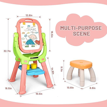 Kids Art Easel and Toddler Ease,Equipped with A Little Bench, Blackboard and Whiteboard, Toddler Art Supplies, Drawing Easel for Toddlers 3-5,Gifts for Children (Pink+Green)