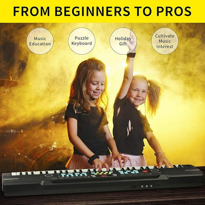 Kids Keyboard 61 Keys, Beginner Electronic Piano with One-Key Teaching 100 Tones & Rhythms, Portable Music Keyboard for Children with Microphone, Music Stand [Black, Piano Only]