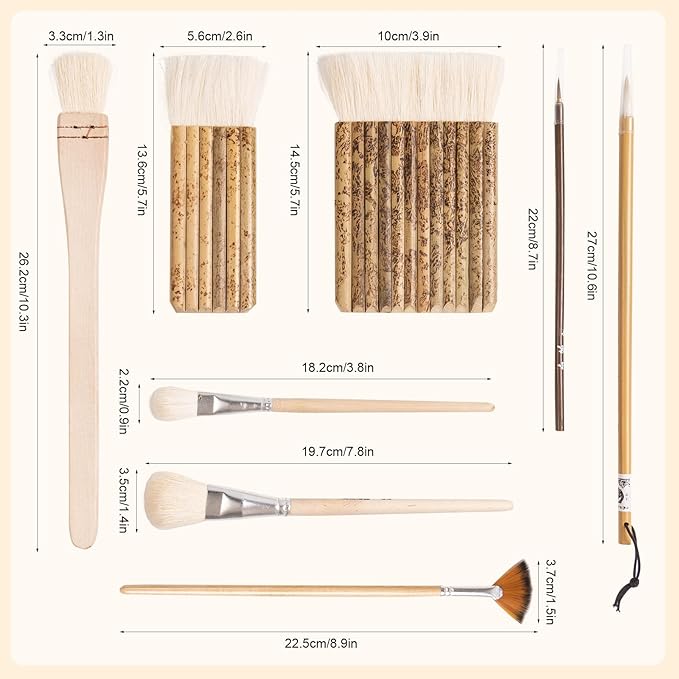 Set of 8 Pottery Glaze Brushes, Wool Soft Bristle for Ceramic Glazing Acrylic Watercolor Oil Painting, Includes Mop, Hake, Sumi, Fan, Fine Brush for Clay Wheel Kiln Blending Art Supplies