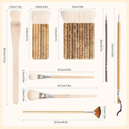 Set of 8 Pottery Glaze Brushes, Wool Soft Bristle for Ceramic Glazing Acrylic Watercolor Oil Painting, Includes Mop, Hake, Sumi, Fan, Fine Brush for Clay Wheel Kiln Blending Art Supplies