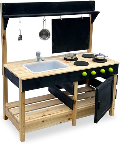 Mud Kitchen Playset for, Outdoor Wooden Toy Play Kitchen Set for Boys and Girls, Kitchen Accessories and Garden Sink with Faucet, Blackboard, Cookware Pot (Black)