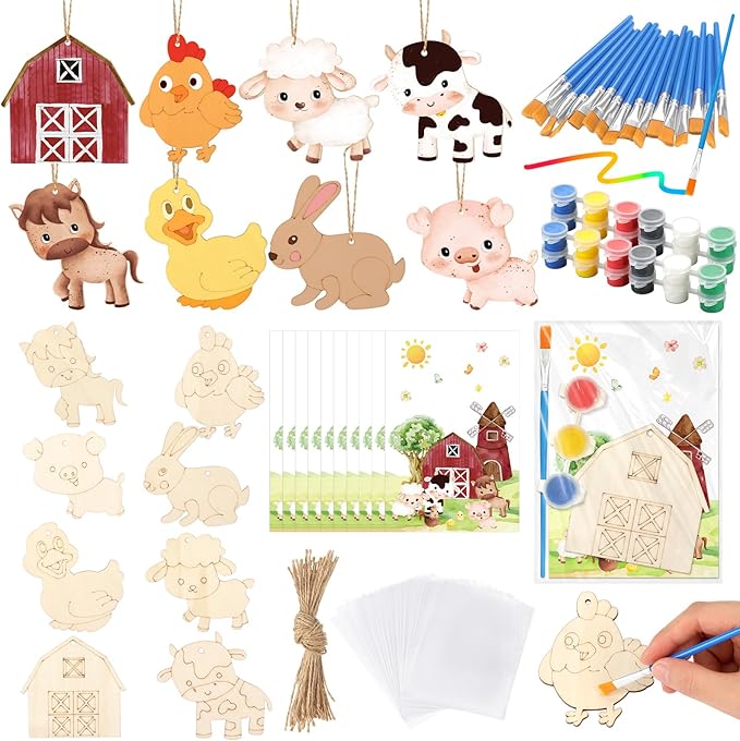 24 Pcs Farm Party Favors Wooden Painting Craft Kits Birthday Party Supplies with Organza Bag for Goodie Bags Fillers Adult Thank You Gifts