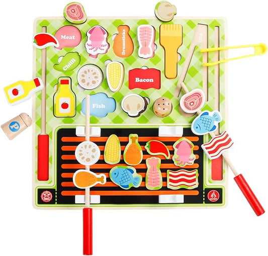 Wooden Toddler BBQ Toy Set Simulates Cooking, Grilling, Food Shape Matching Game Toddler Grill Toy for Boys and Girls 3, 4, 5, 6 Years Old, Gift for Kids