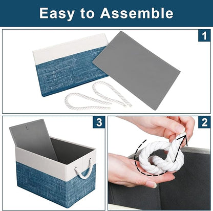 Fab totes Storage Bins [6-Pack], Foldable Storage Baskets for Organizing Toys, Books, Shelves, Closet, Large Storage Box with Rope Handles, Sturdy Organizer Bins, White & Blue
