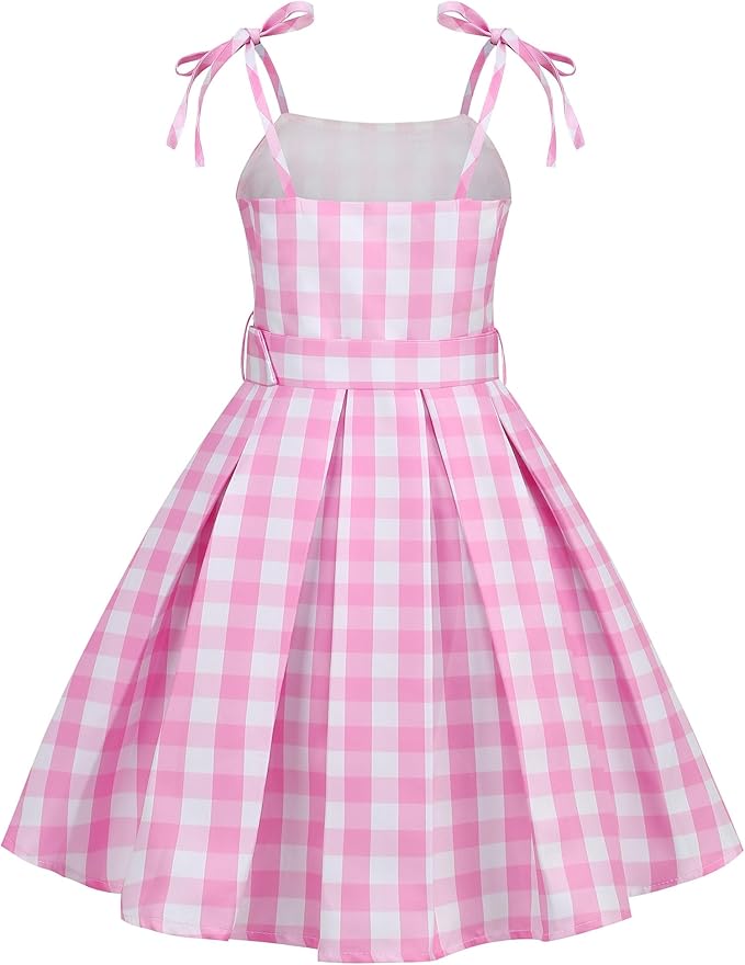 Girls Pink Costume Dress Movie Heroine Cosplay Outfit Gingham Dress for Kids Party Birthday Dress Up