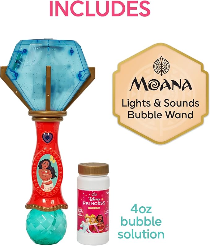 Little Kids Disney Princess Moana Light and Sound Musical Bubble Wand, Includes Bubble Solution