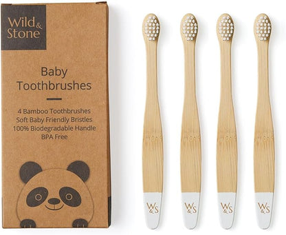 Wild & Stone Organic Baby Bamboo Toothbrushes | 4 Pack | Soft Bristles | 100% Compostable Handle | BPA Free | Vegan Baby Toothbrushes (White)