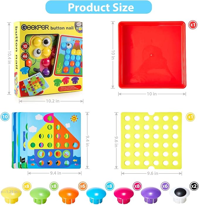 Geekper 68PCS Button Art Toys for Toddlers Color Matching Mosaic Pegboard, Early Learning Educational Toys for 3, 4, 5, 6 Year Old Kids Boys and Girls, 10 Pictures and 58 Buttons